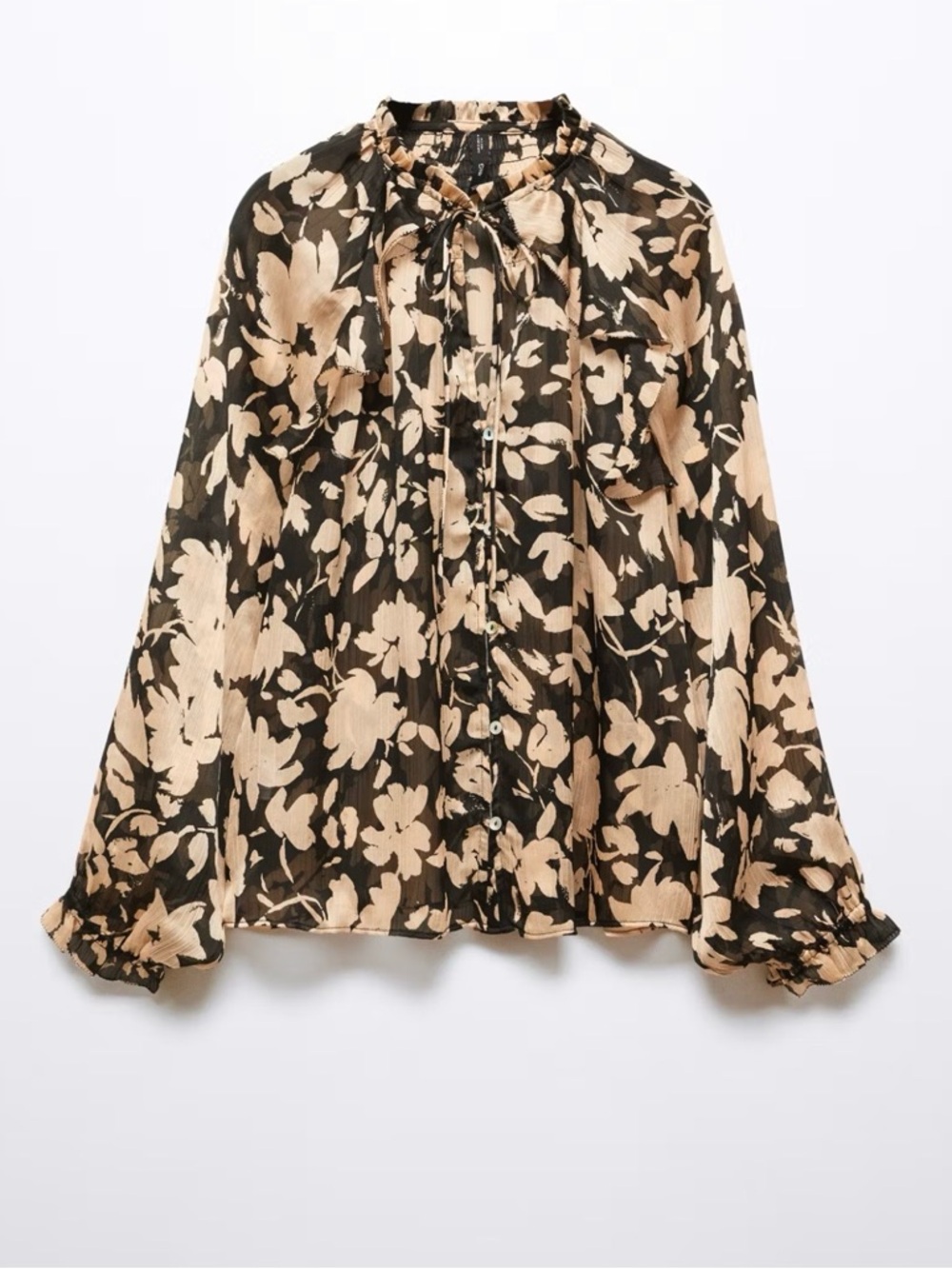 Mango Black and Cream Floral Sheer Button-Front Blouse